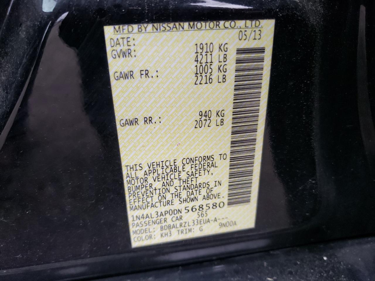 Photo 10 from auction – 2013 NISSAN ALTIMA 2.5 with VIN 1N4AL3AP0DN568580