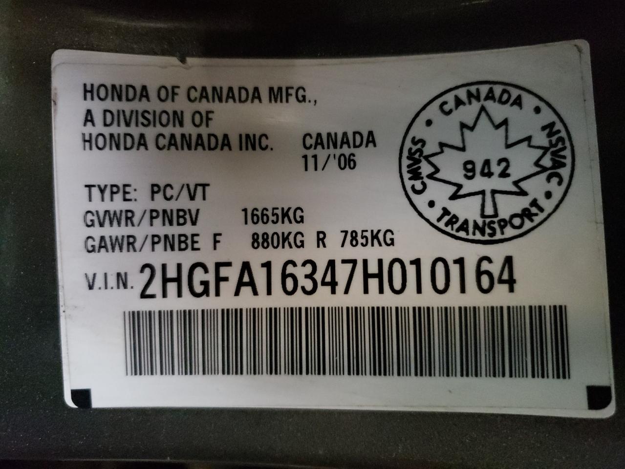 Photo 10 from auction – 2007 HONDA CIVIC DX with VIN 2HGFA16347H010164