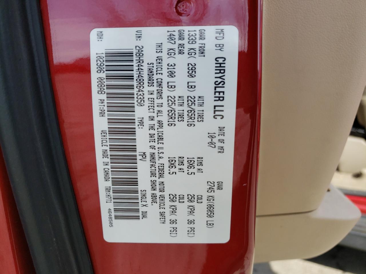 Photo 10 from auction – 2008 CHRYSLER TOWN & COU with VIN 2A8HR44H48R643350