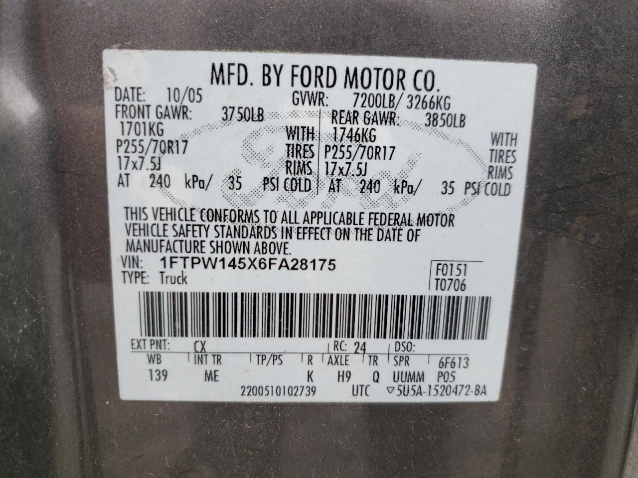 Photo 10 from auction – 2006 FORD F150 SUPER with VIN 1FTPW145X6FA28175