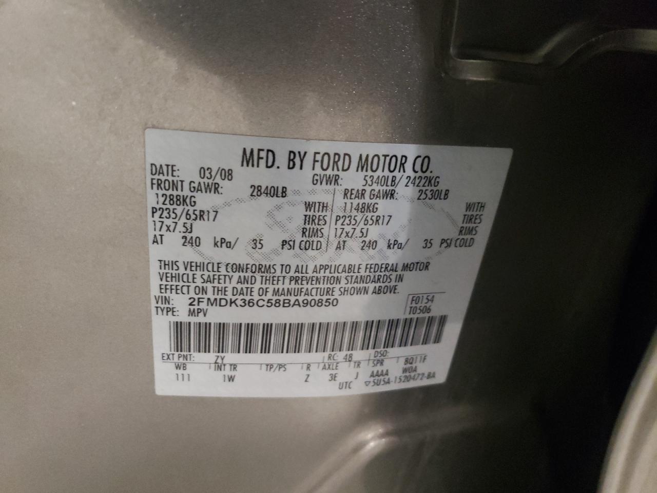 Photo 10 from auction – 2008 FORD EDGE SE with VIN 2FMDK36C58BA90850
