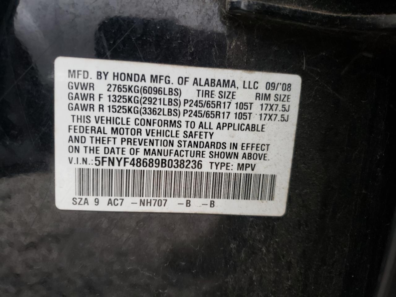 Photo 10 from auction – 2009 HONDA PILOT EXL with VIN 5FNYF48689B038236