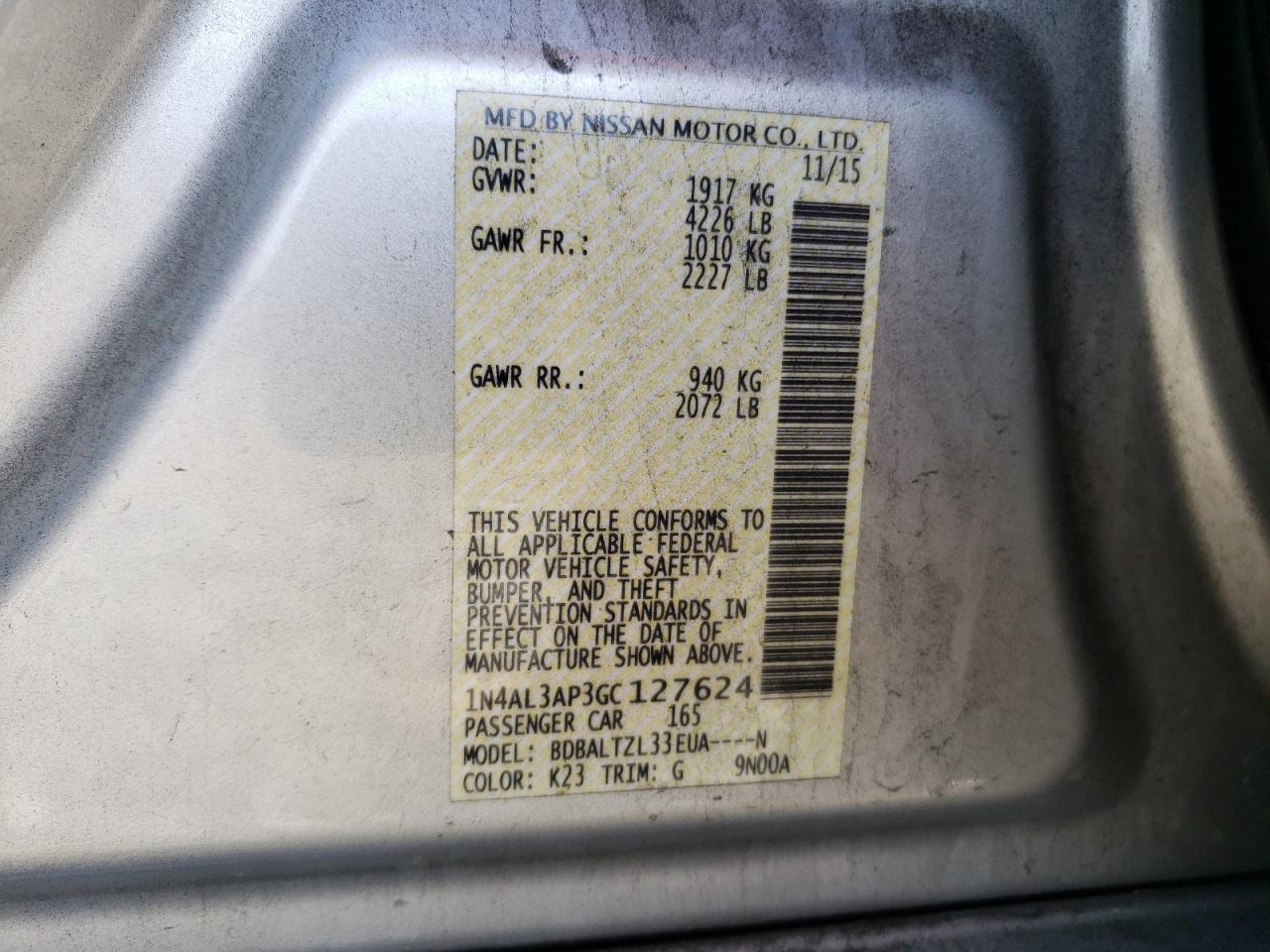 Photo 10 from auction – 2016 NISSAN ALTIMA 2.5 with VIN 1N4AL3AP3GC127624