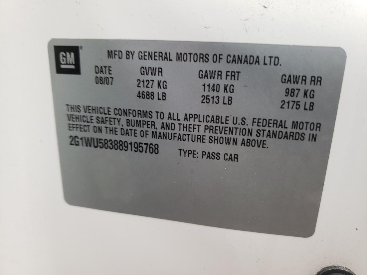 Photo 10 from auction – 2008 CHEVROLET IMPALA LTZ with VIN 2G1WU583889195768