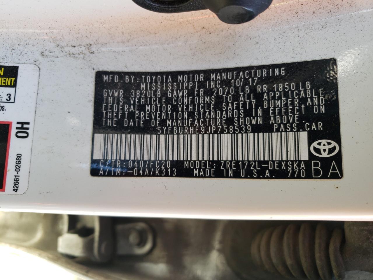 Photo 10 from auction – 2018 TOYOTA COROLLA L with VIN 5YFBURHE9JP758539