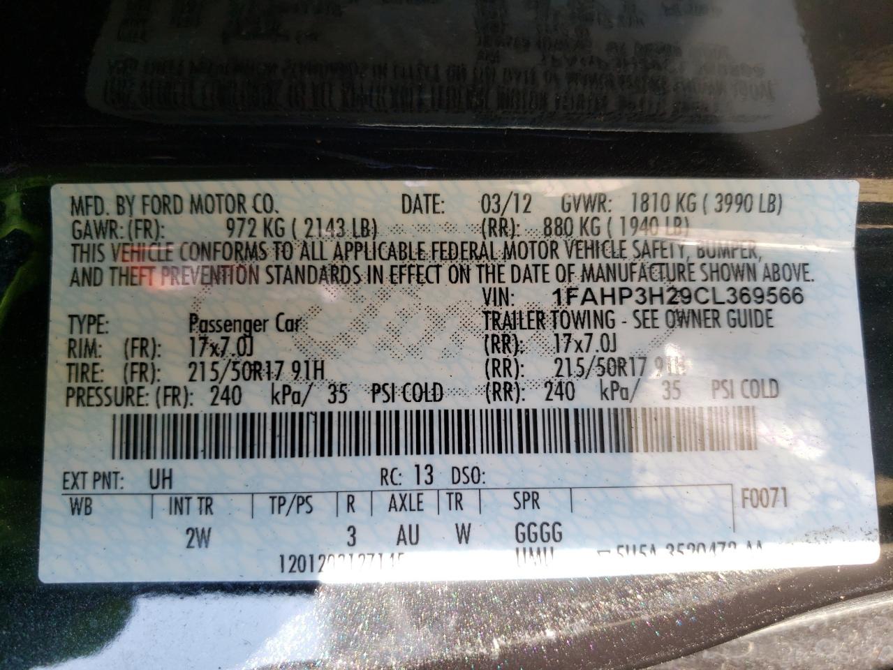 Photo 10 from auction – 2012 FORD FOCUS SEL with VIN 1FAHP3H29CL369566