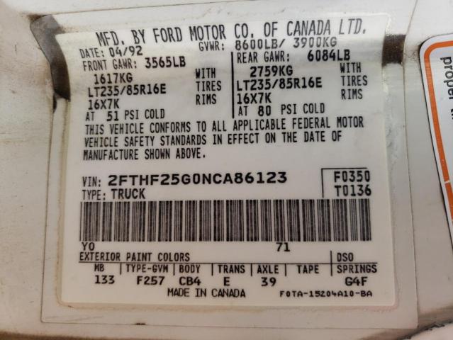 Photo 10 from auction – 1992 FORD F250 with VIN 2FTHF25G0NCA86123