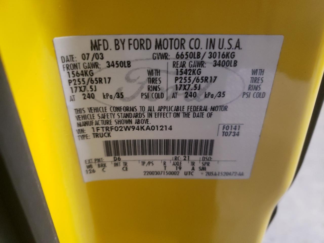 Photo 10 from auction – 2004 FORD F150 with VIN 1FTRF02W94KA01214
