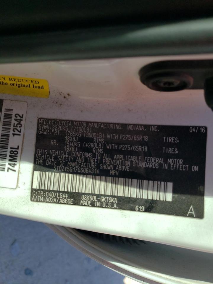 Photo 10 from auction – 2016 TOYOTA SEQUOIA SR with VIN 5TDZY5G17GS064314