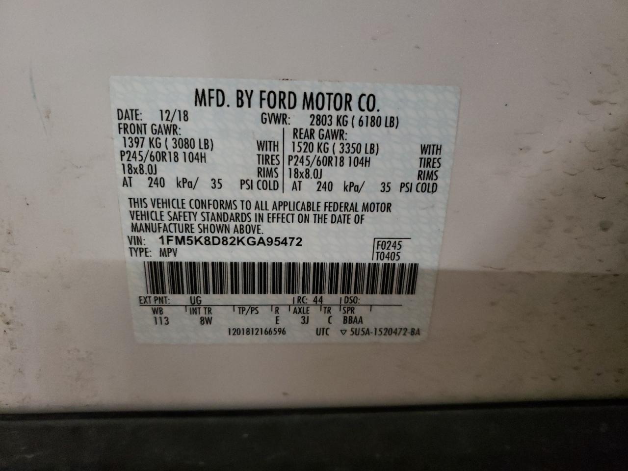 Photo 10 from auction – 2019 FORD EXPLORER X with VIN 1FM5K8D82KGA95472
