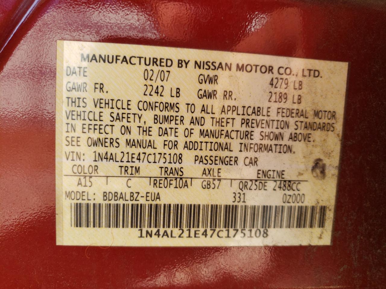 Photo 10 from auction – 2007 NISSAN ALTIMA 2.5 with VIN 1N4AL21E47C175108