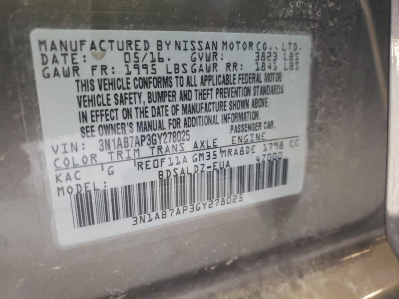 Photo 10 from auction – 2016 NISSAN SENTRA S with VIN 3N1AB7AP3GY278025