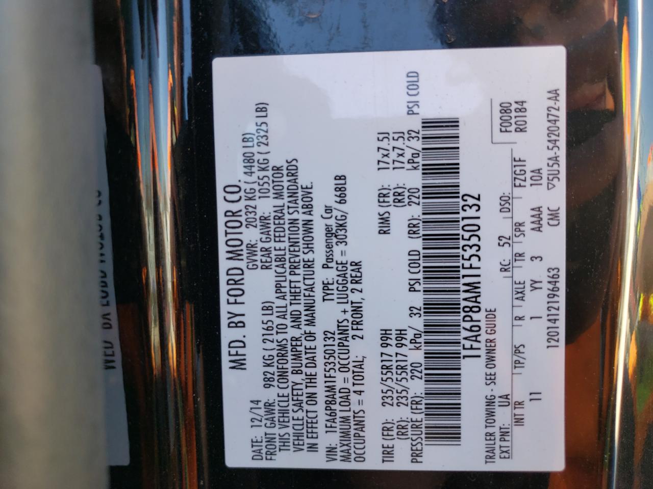 Photo 10 from auction – 2015 FORD MUSTANG with VIN 1FA6P8AM1F5350132
