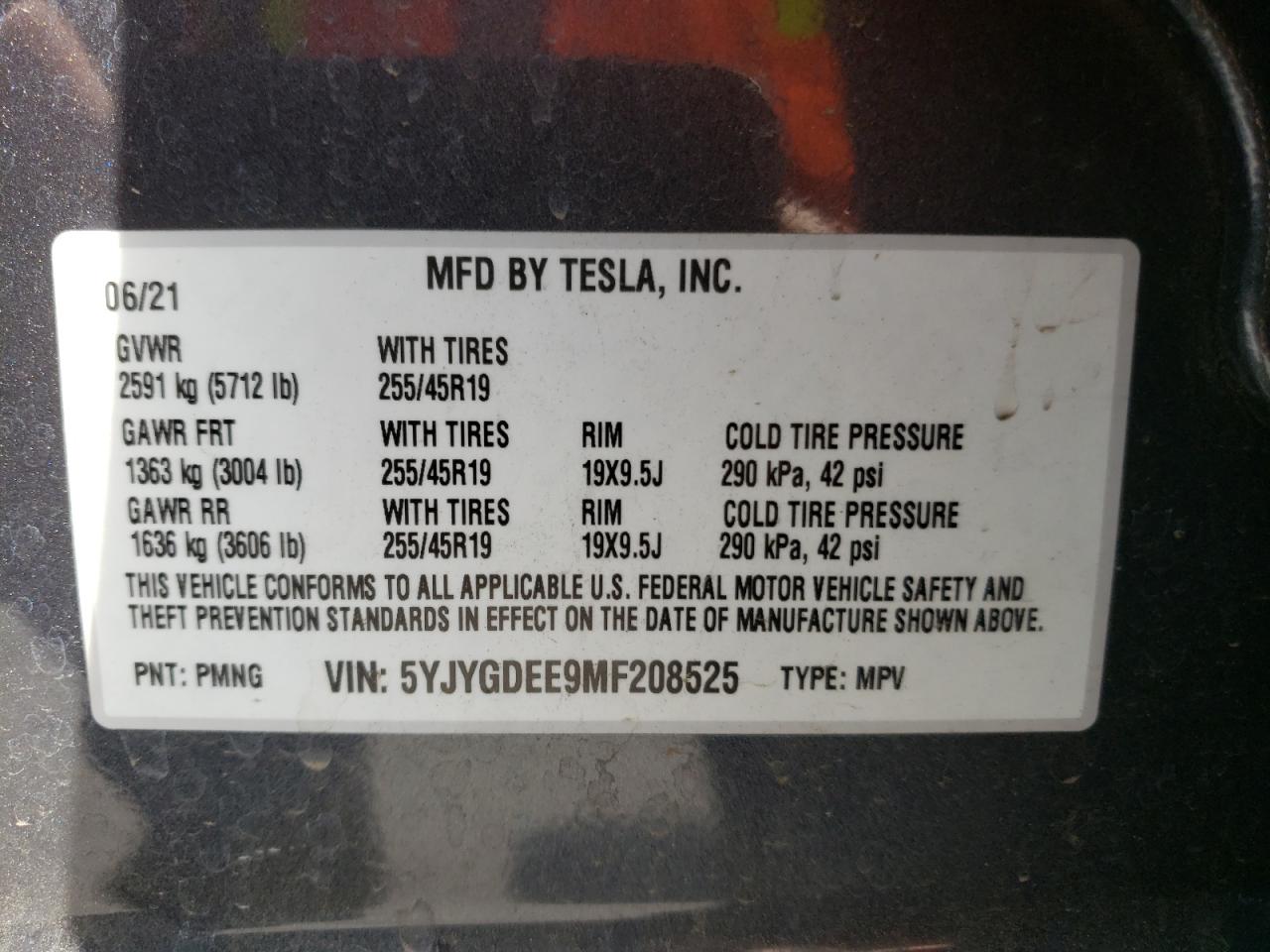 Photo 10 from auction – 2021 TESLA MODEL Y with VIN 5YJYGDEE9MF208525