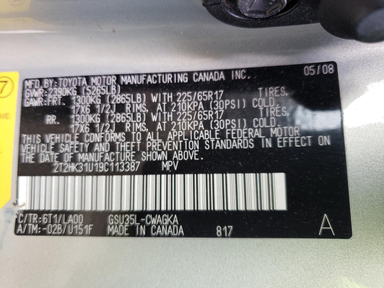 Photo 10 from auction – 2009 LEXUS RX 350 with VIN 2T2HK31U19C113387