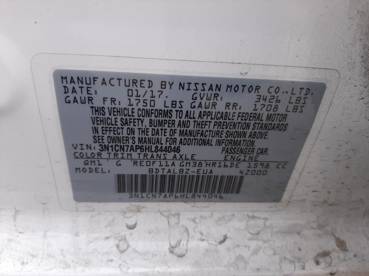 Photo 10 from auction – 2017 NISSAN VERSA S with VIN 3N1CN7AP6HL844046