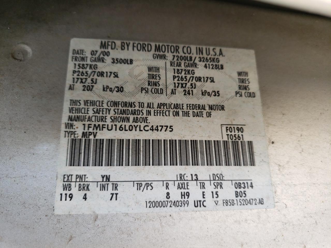 Photo 10 from auction – 2000 FORD EXPEDITION with VIN 1FMFU16L0YLC44775