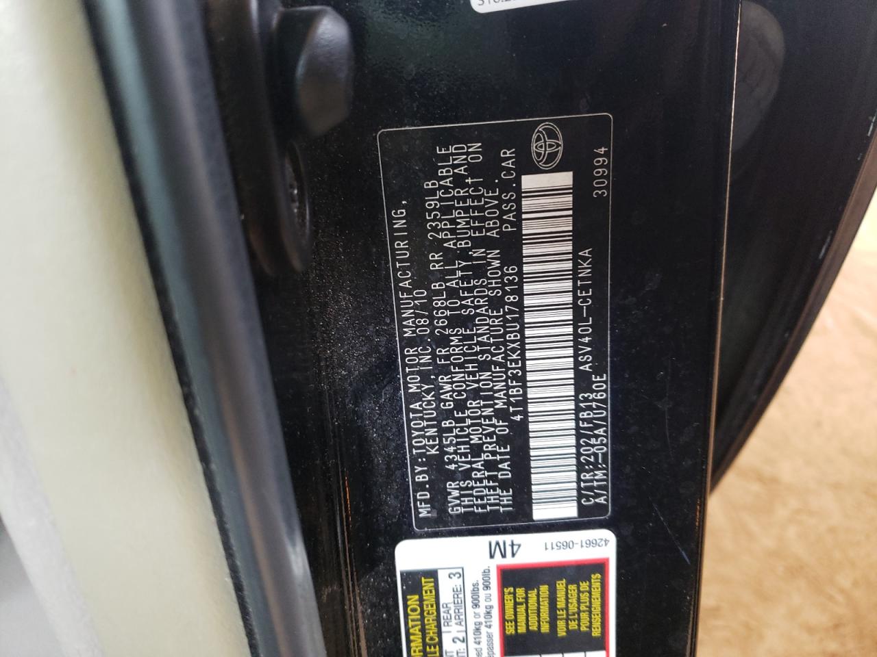 Photo 10 from auction – 2011 TOYOTA CAMRY BASE with VIN 4T1BF3EKXBU178136