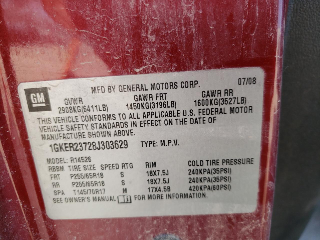 Photo 10 from auction – 2008 GMC ACADIA SLT with VIN 1GKER23728J303629