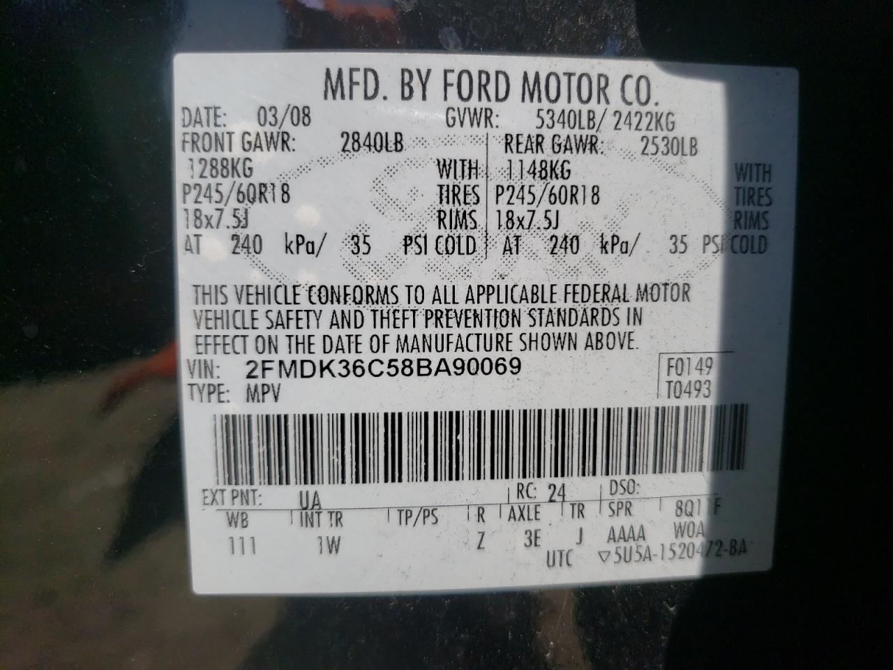 Photo 10 from auction – 2008 FORD EDGE SE with VIN 2FMDK36C58BA90069