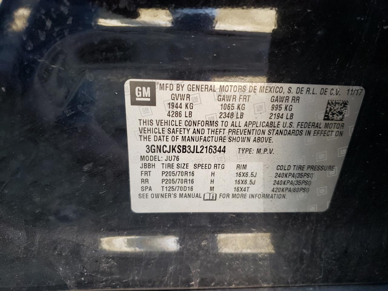 Photo 10 from auction – 2018 CHEVROLET TRAX LS with VIN 3GNCJKSB3JL216344