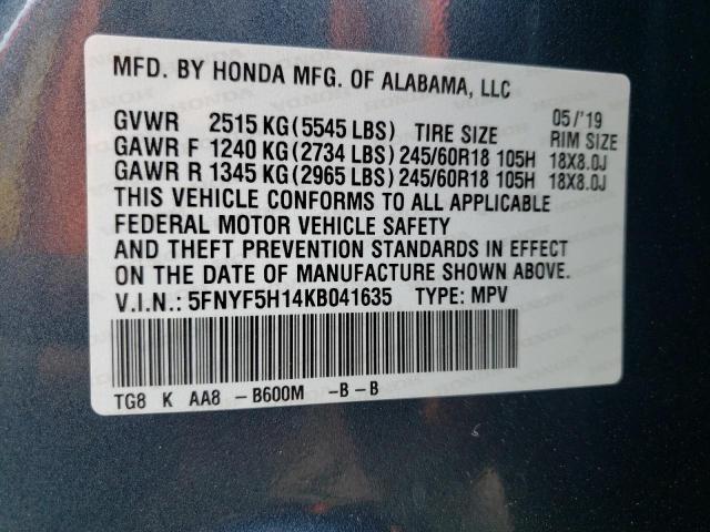 Photo 10 from auction – 2019 HONDA PILOT with VIN 5FNYF5H14KB041635