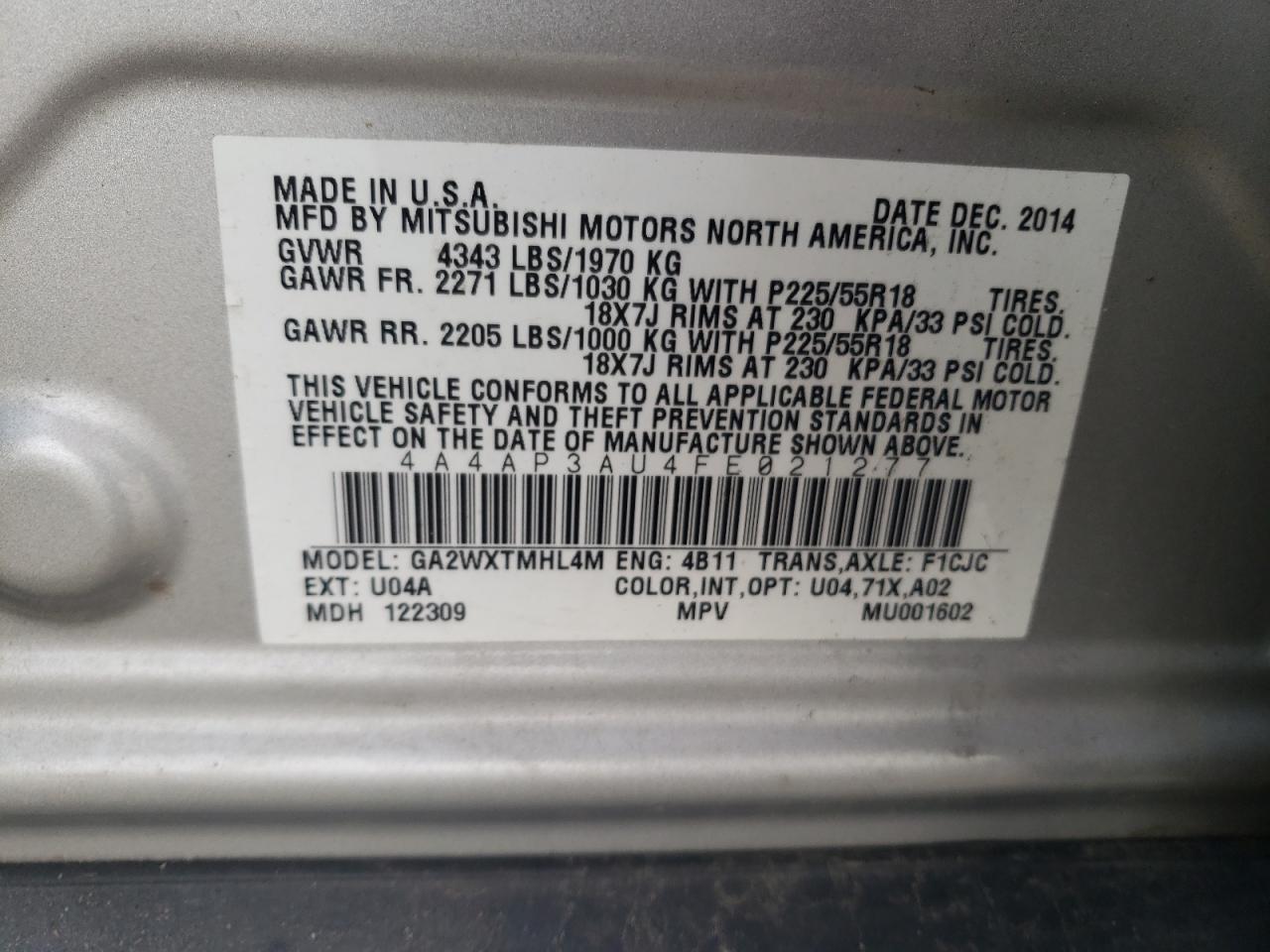 Photo 10 from auction – 2015 MITSUBISHI OUTLANDER with VIN 4A4AP3AU4FE021277