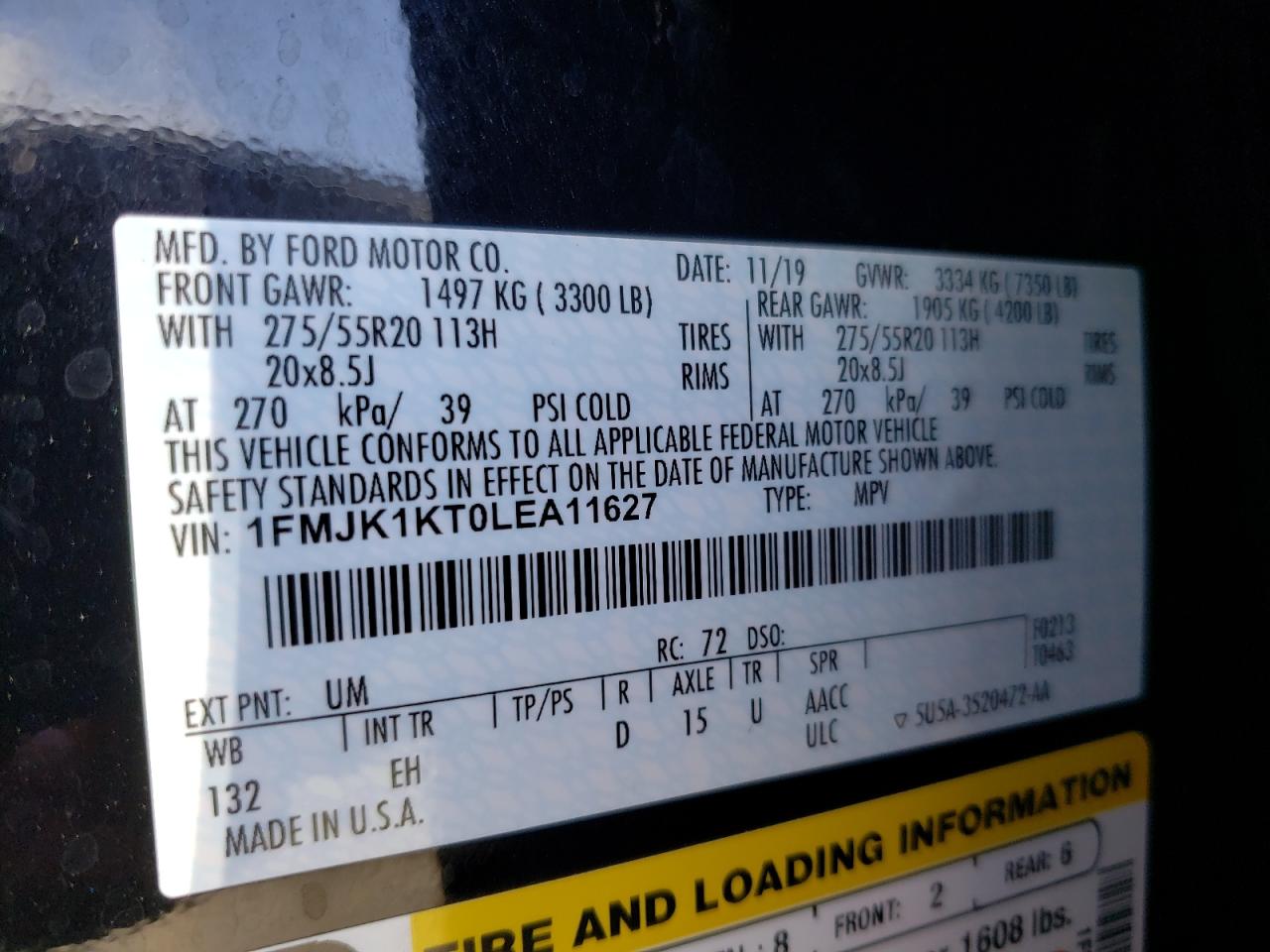Photo 10 from auction – 2020 FORD EXPEDITION with VIN 1FMJK1KT0LEA11627