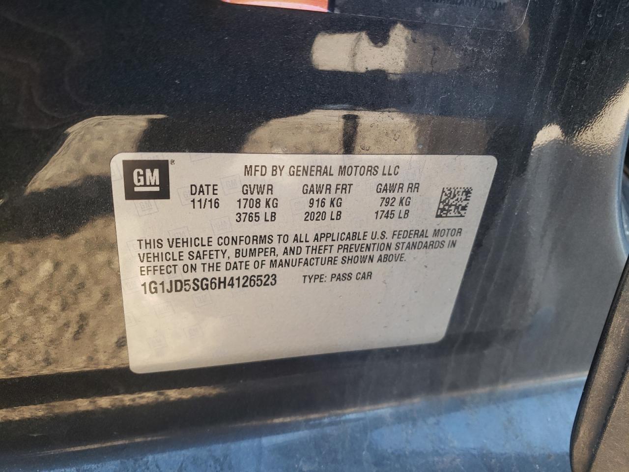 Photo 10 from auction – 2017 CHEVROLET SONIC LT with VIN 1G1JD5SG6H4126523