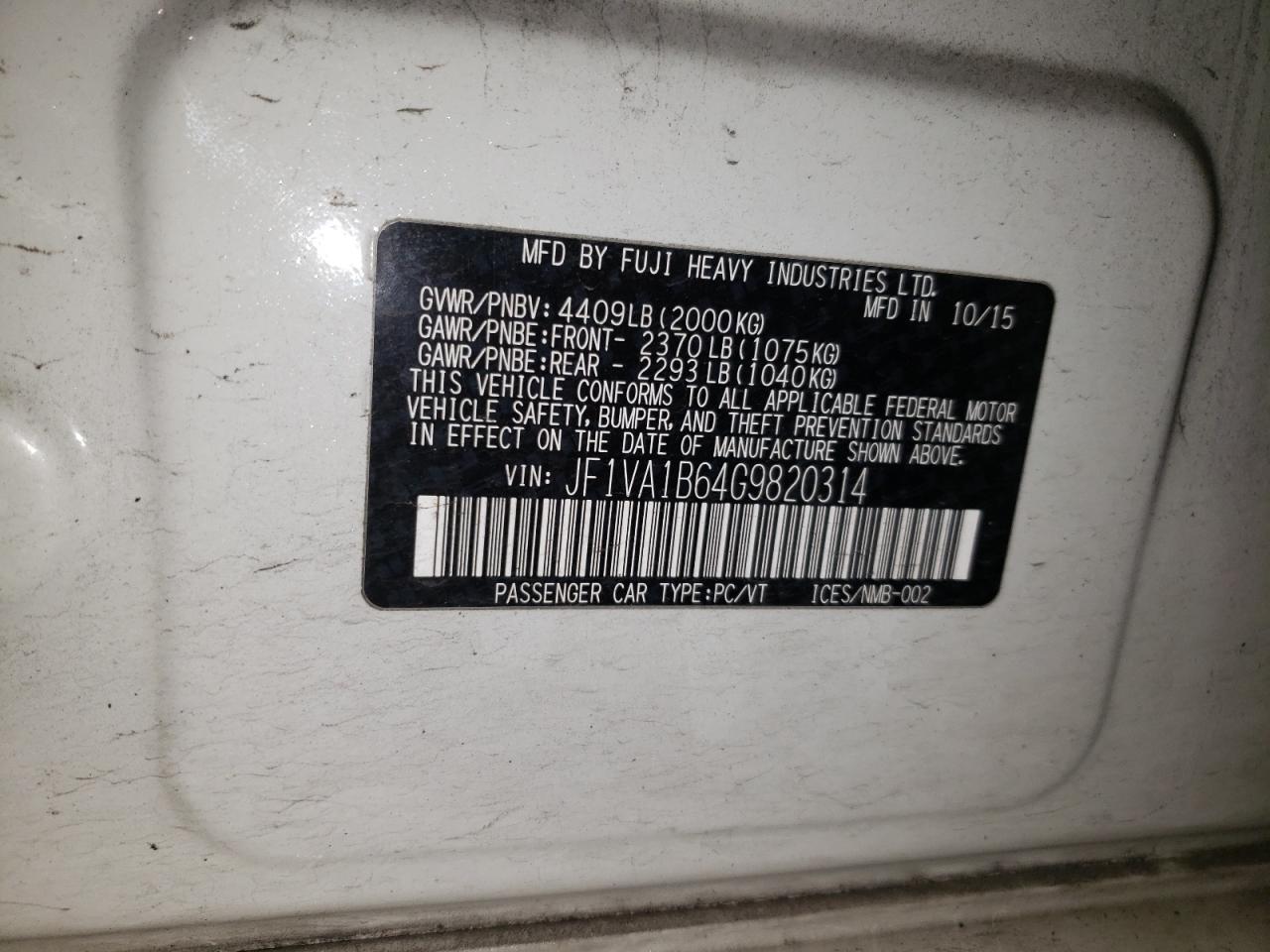 Photo 10 from auction – 2016 SUBARU WRX with VIN JF1VA1B64G9820314