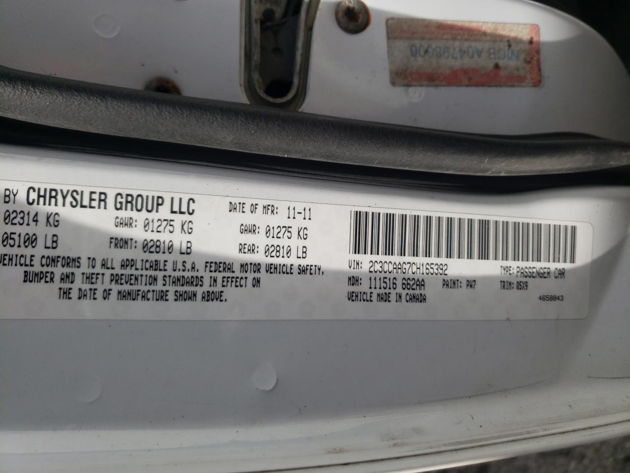 Photo 10 from auction – 2012 CHRYSLER 300 with VIN 2C3CCAAG7CH165392