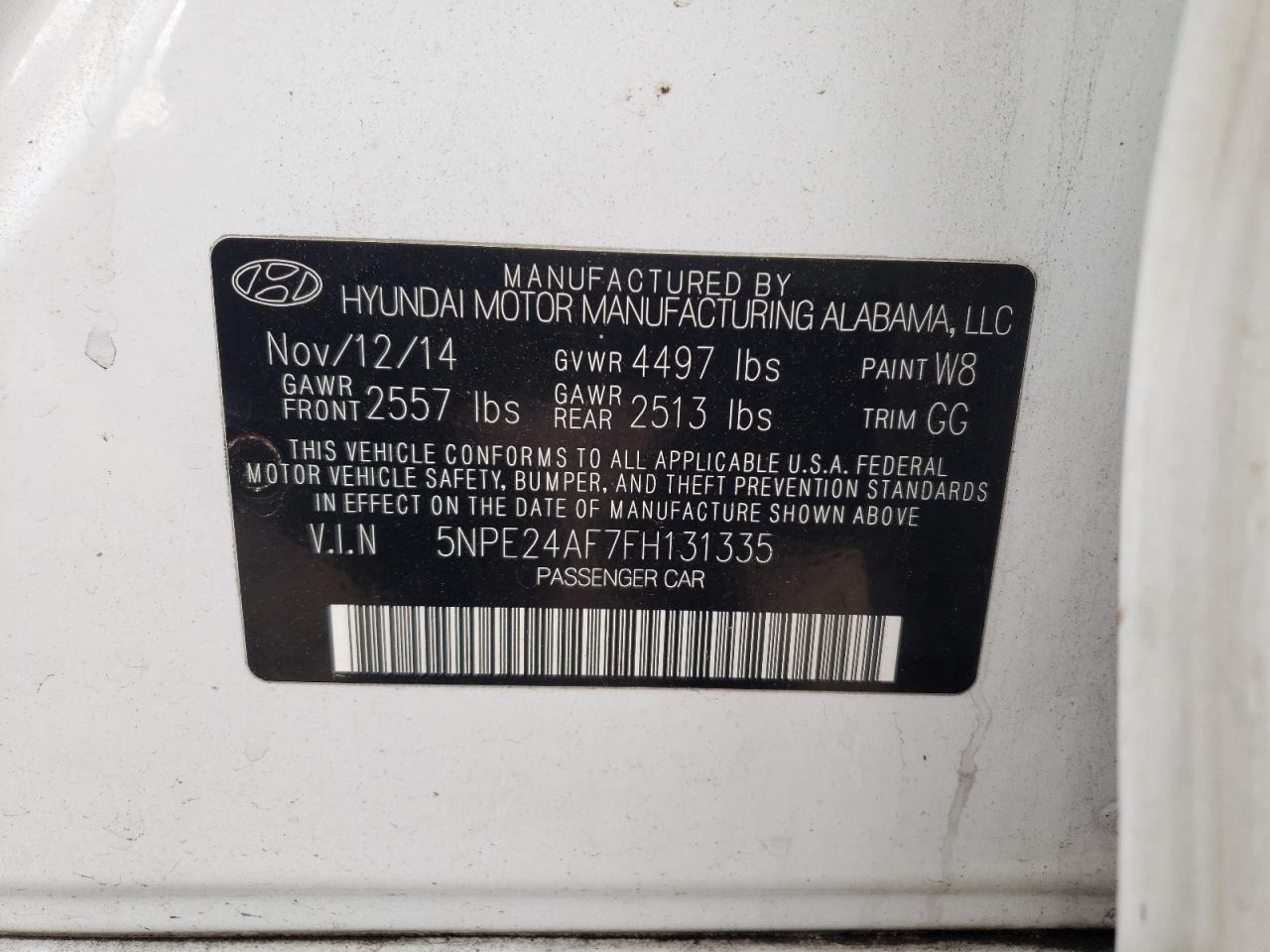 Photo 10 from auction – 2015 HYUNDAI SONATA SE with VIN 5NPE24AF7FH131335