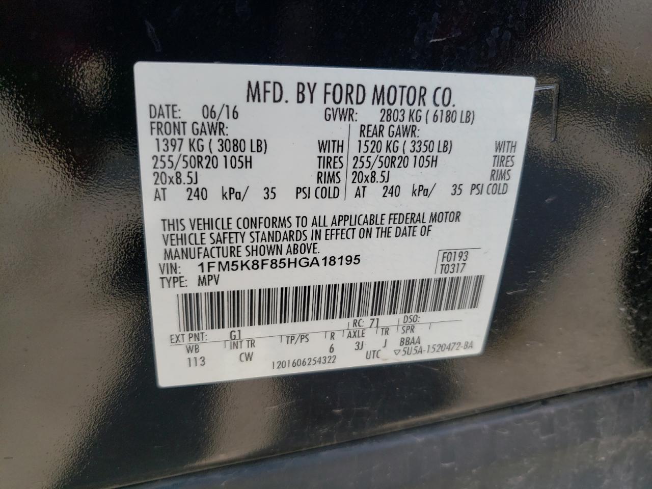 Photo 10 from auction – 2017 FORD EXPLORER L with VIN 1FM5K8F85HGA18195