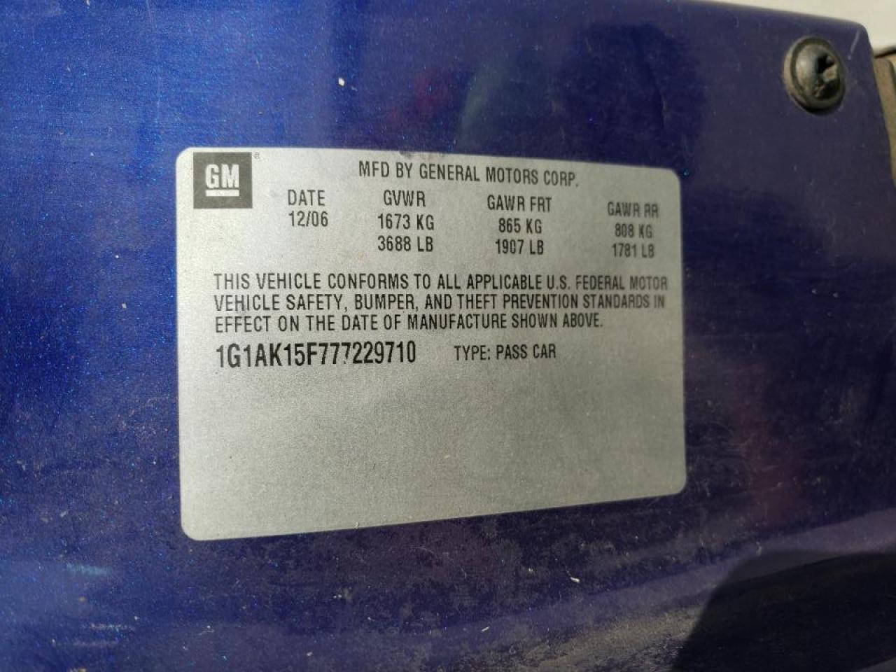Photo 10 from auction – 2007 CHEVROLET COBALT LS with VIN 1G1AK15F777229710