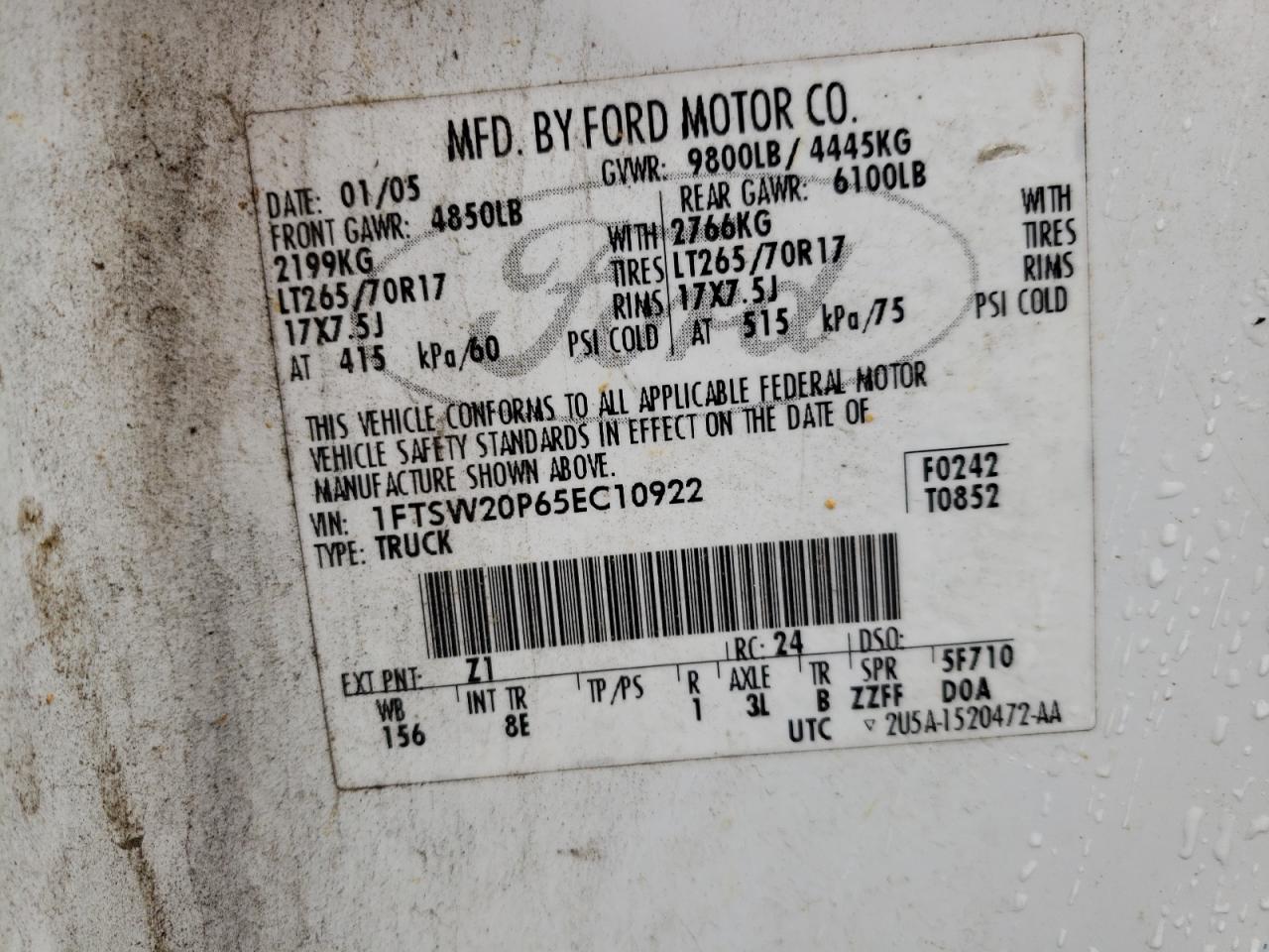Photo 10 from auction – 2005 FORD F250 SUPER with VIN 1FTSW20P65EC10922