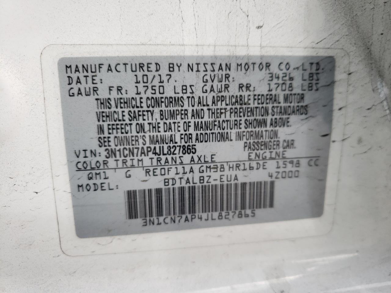 Photo 10 from auction – 2018 NISSAN VERSA S with VIN 3N1CN7AP4JL827865