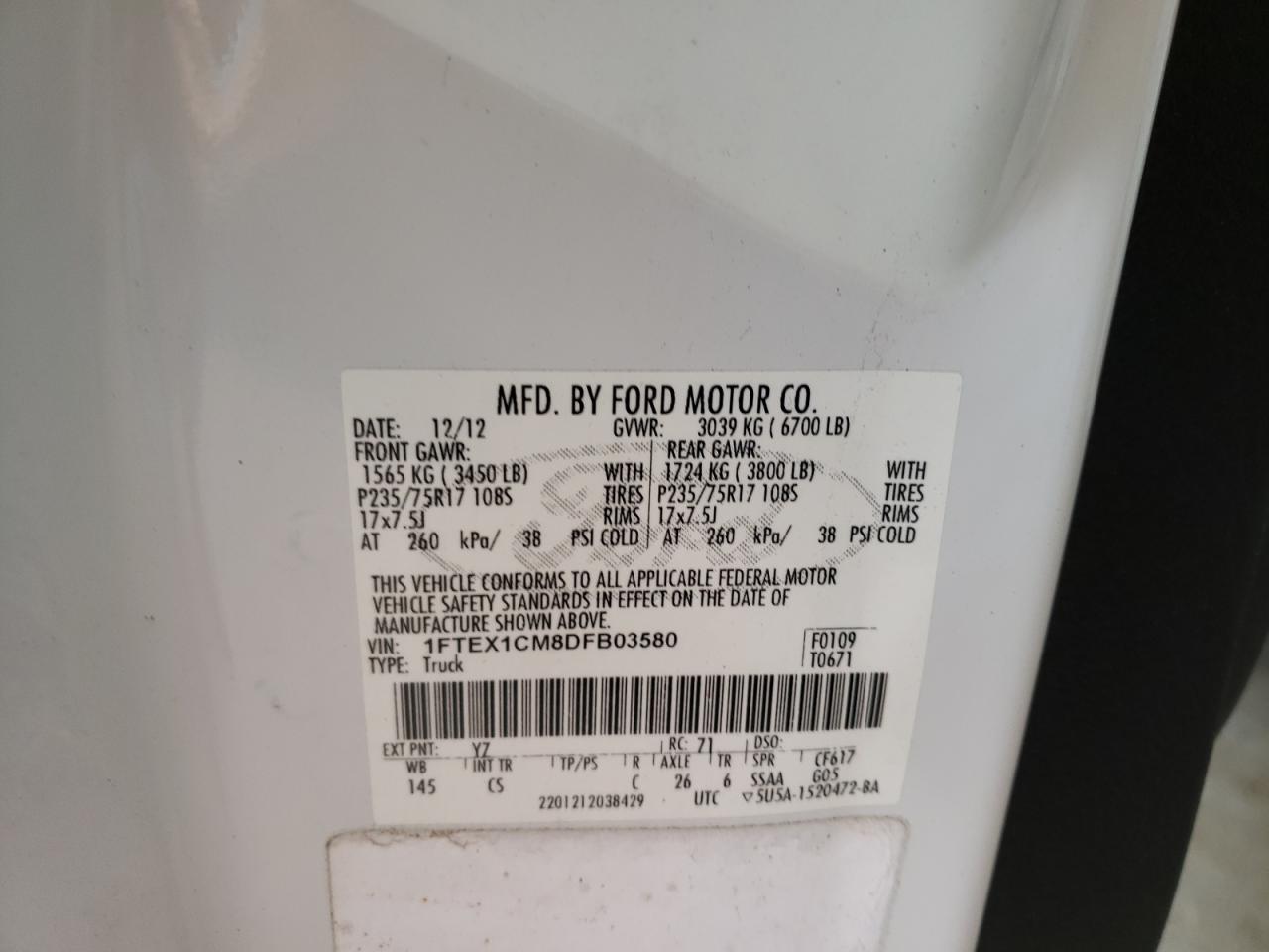 Photo 10 from auction – 2013 FORD F150 SUPER with VIN 1FTEX1CM8DFB03580