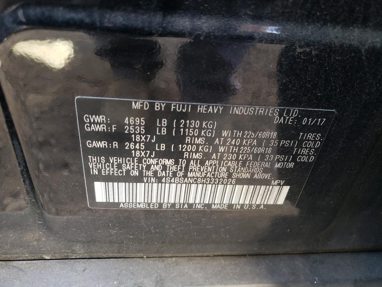 Photo 10 from auction – 2017 SUBARU OUTBACK 2. with VIN 4S4BSANC8H3332026