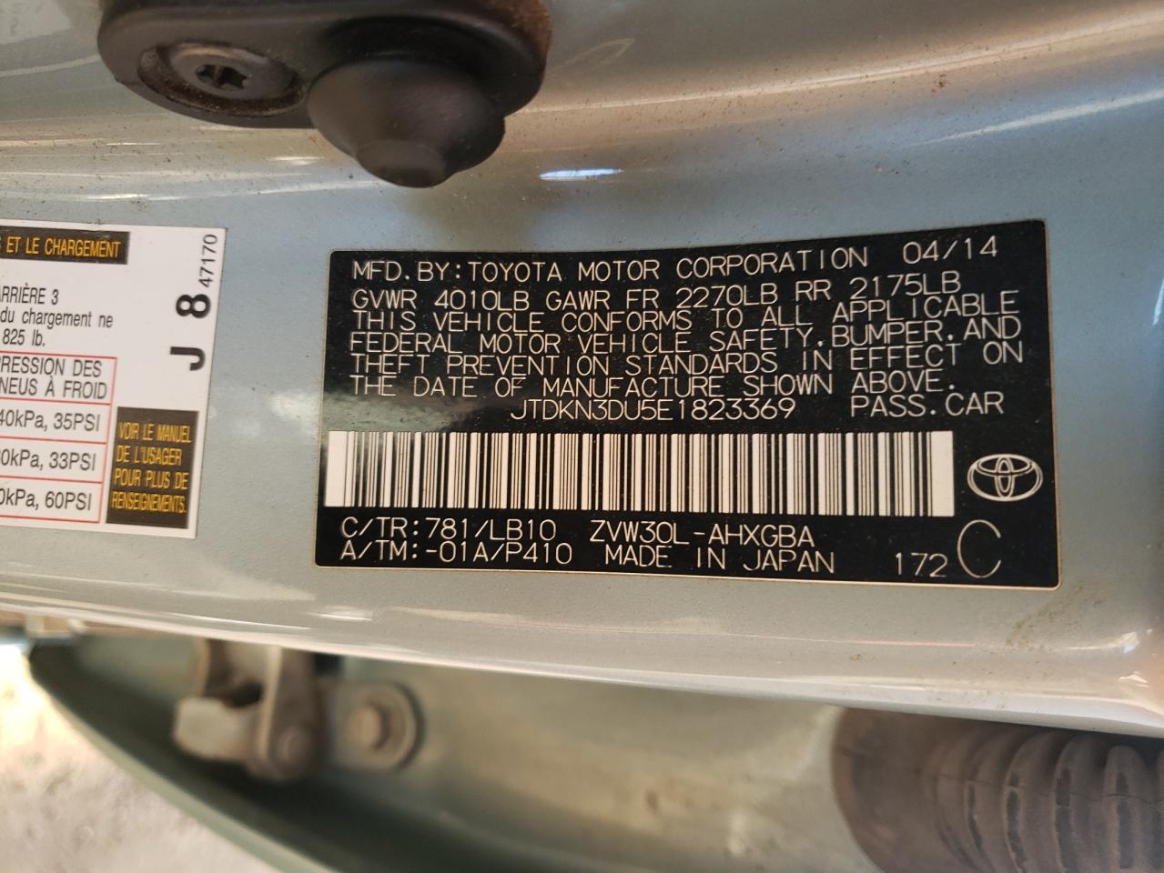 Photo 10 from auction – 2014 TOYOTA PRIUS with VIN JTDKN3DU5E1823369