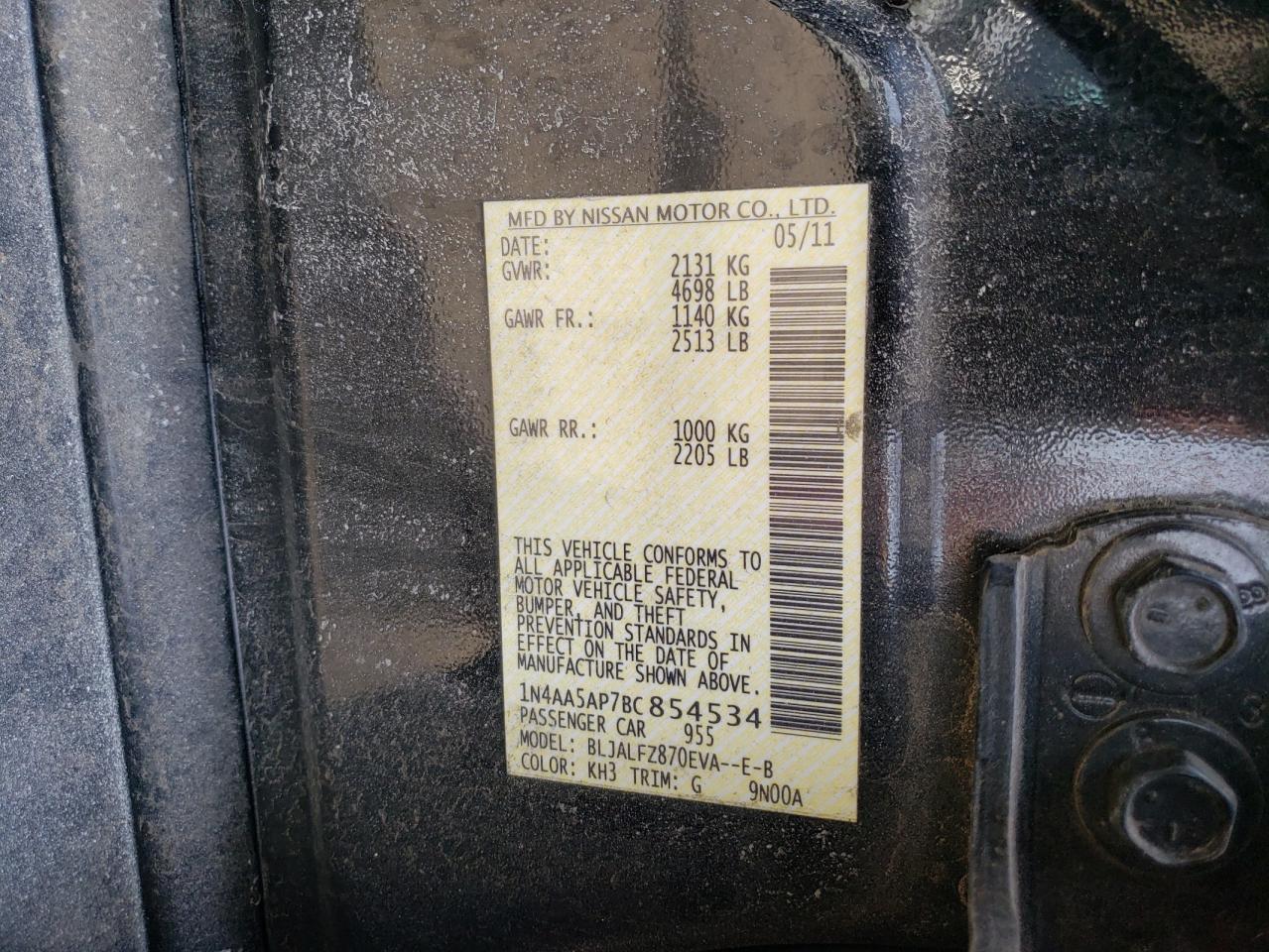 Photo 10 from auction – 2011 NISSAN MAXIMA S with VIN 1N4AA5AP7BC854534