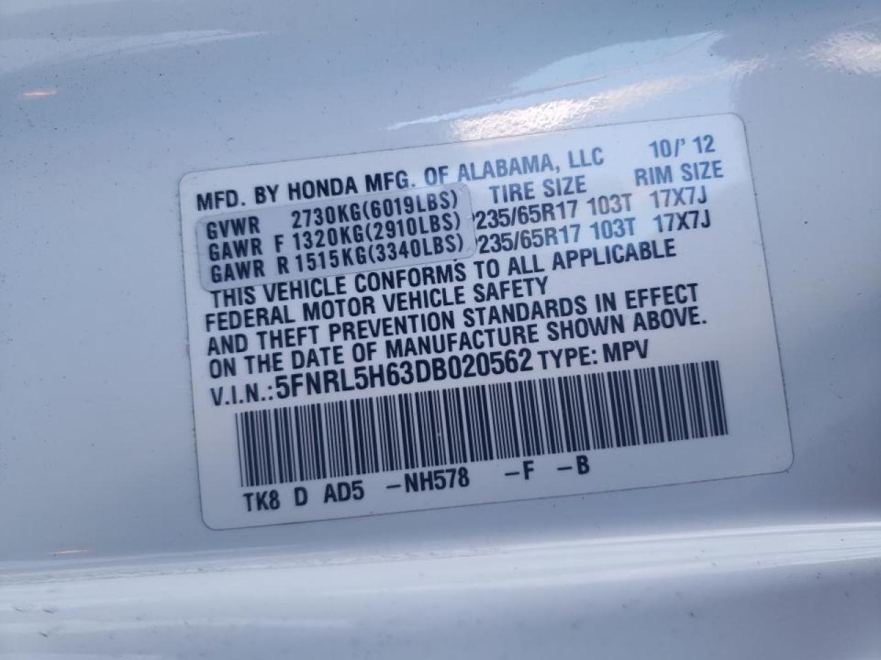Photo 10 from auction – 2013 HONDA ODYSSEY EX with VIN 5FNRL5H63DB020562