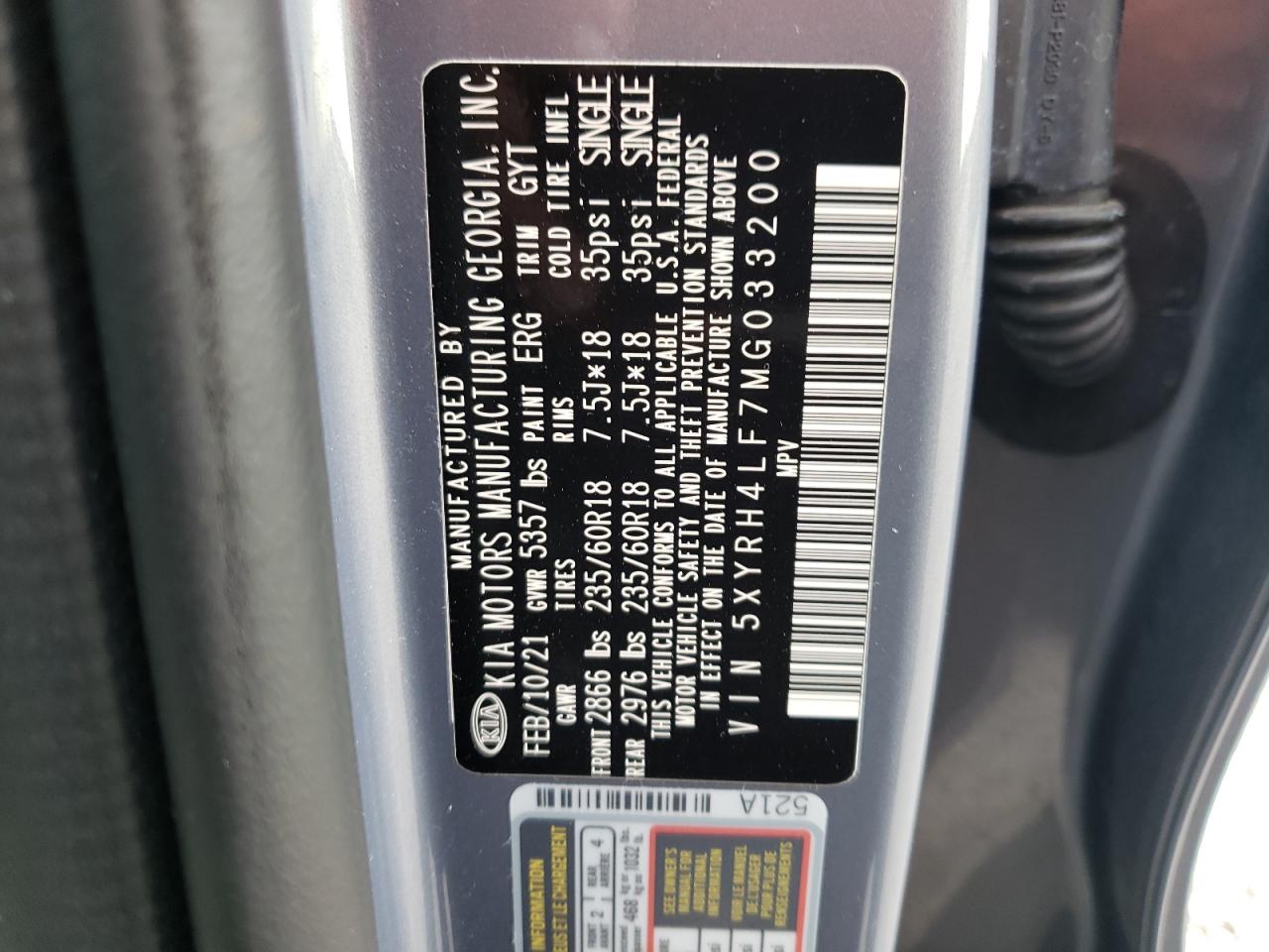 Photo 10 from auction – 2021 KIA SORENTO EX with VIN 5XYRH4LF7MG033200