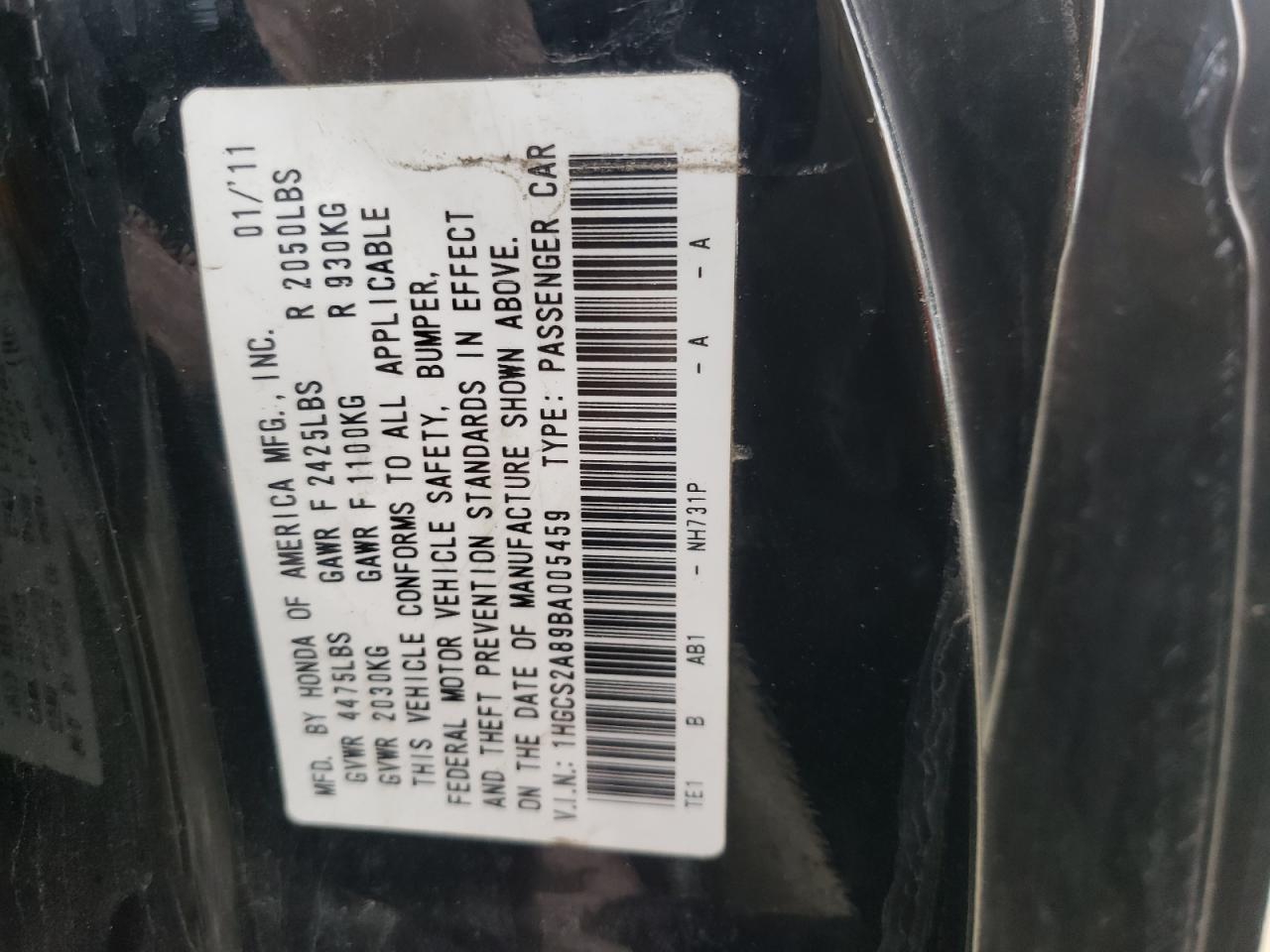 Photo 10 from auction – 2011 HONDA ACCORD EXL with VIN 1HGCS2A89BA005459