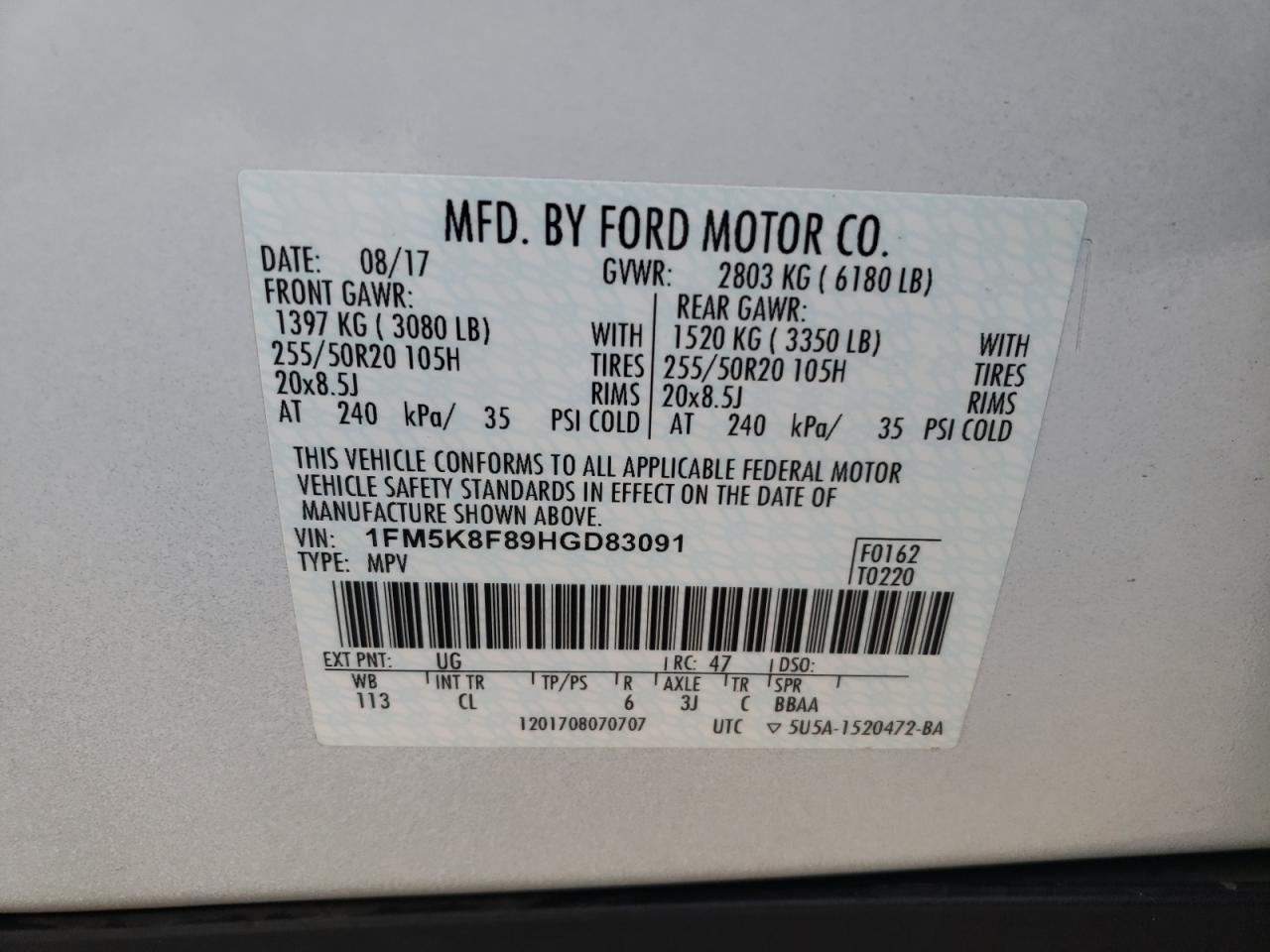 Photo 10 from auction – 2017 FORD EXPLORER L with VIN 1FM5K8F89HGD83091