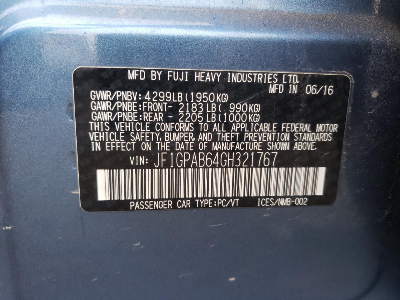 Photo 10 from auction – 2016 SUBARU IMPREZA PR with VIN JF1GPAB64GH321767