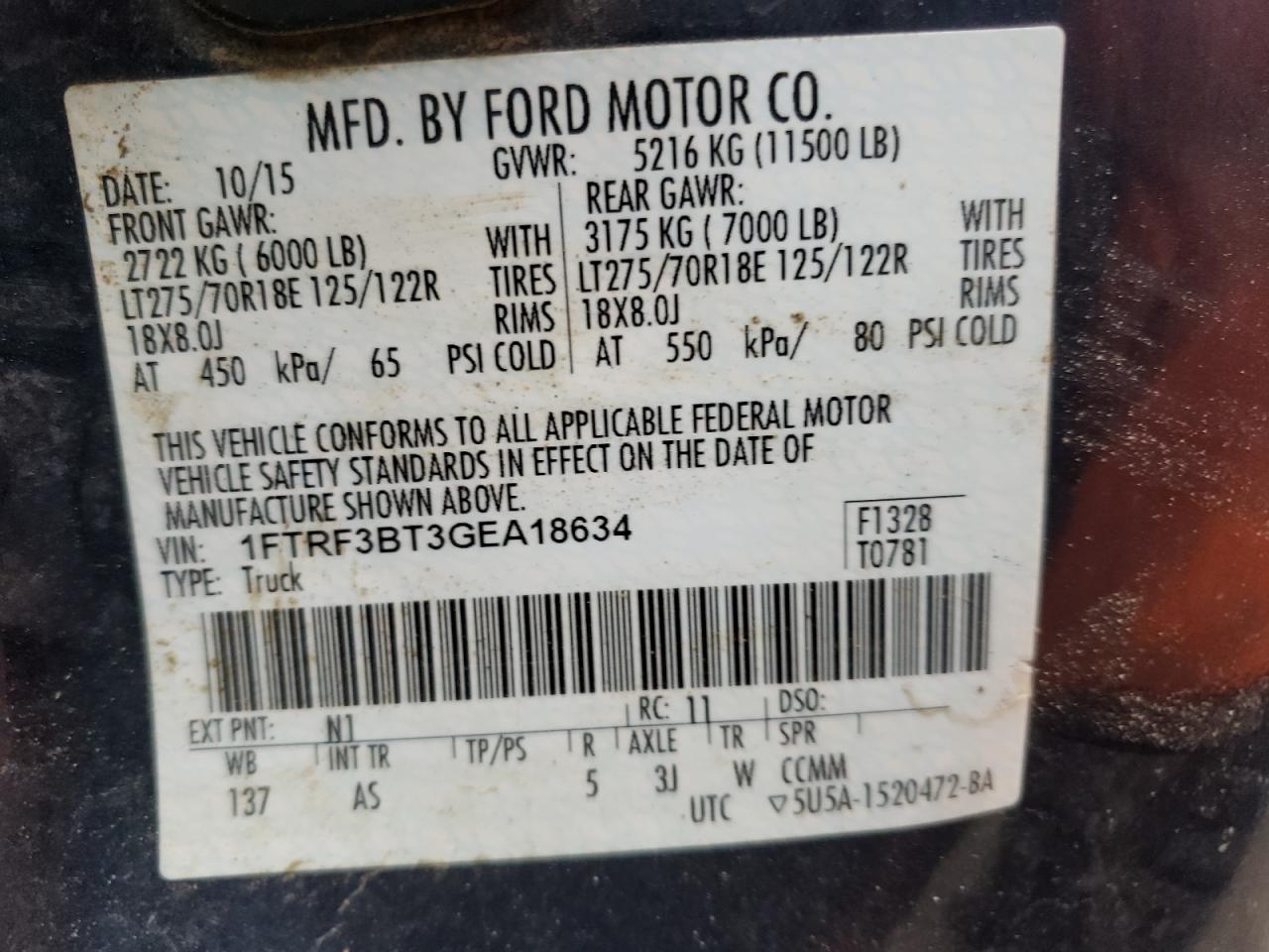 Photo 10 from auction – 2016 FORD F350 SUPER with VIN 1FTRF3BT3GEA18634