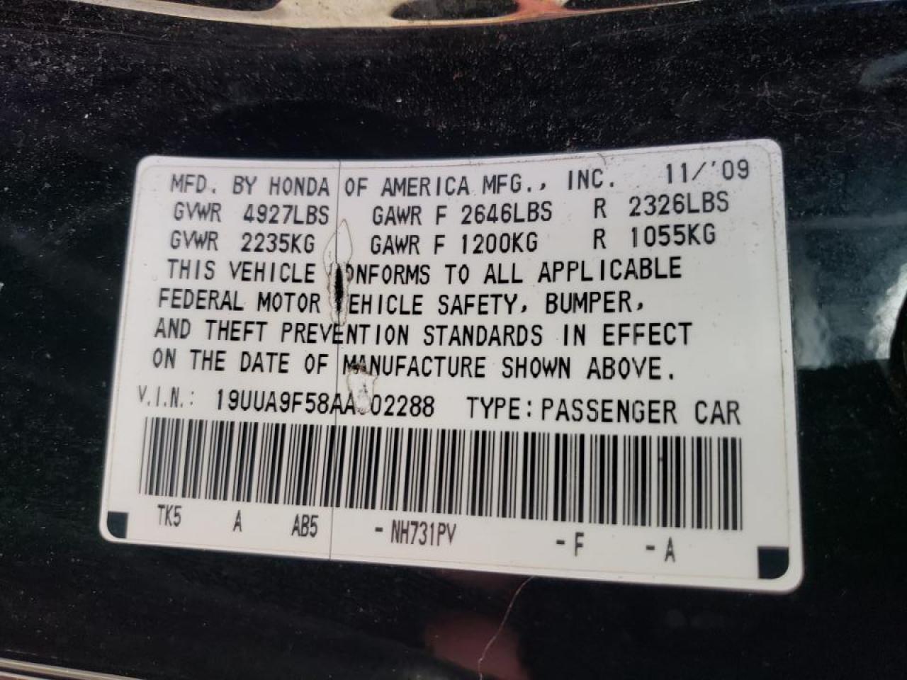 Photo 10 from auction – 2010 ACURA TL with VIN 19UUA9F58AA002288
