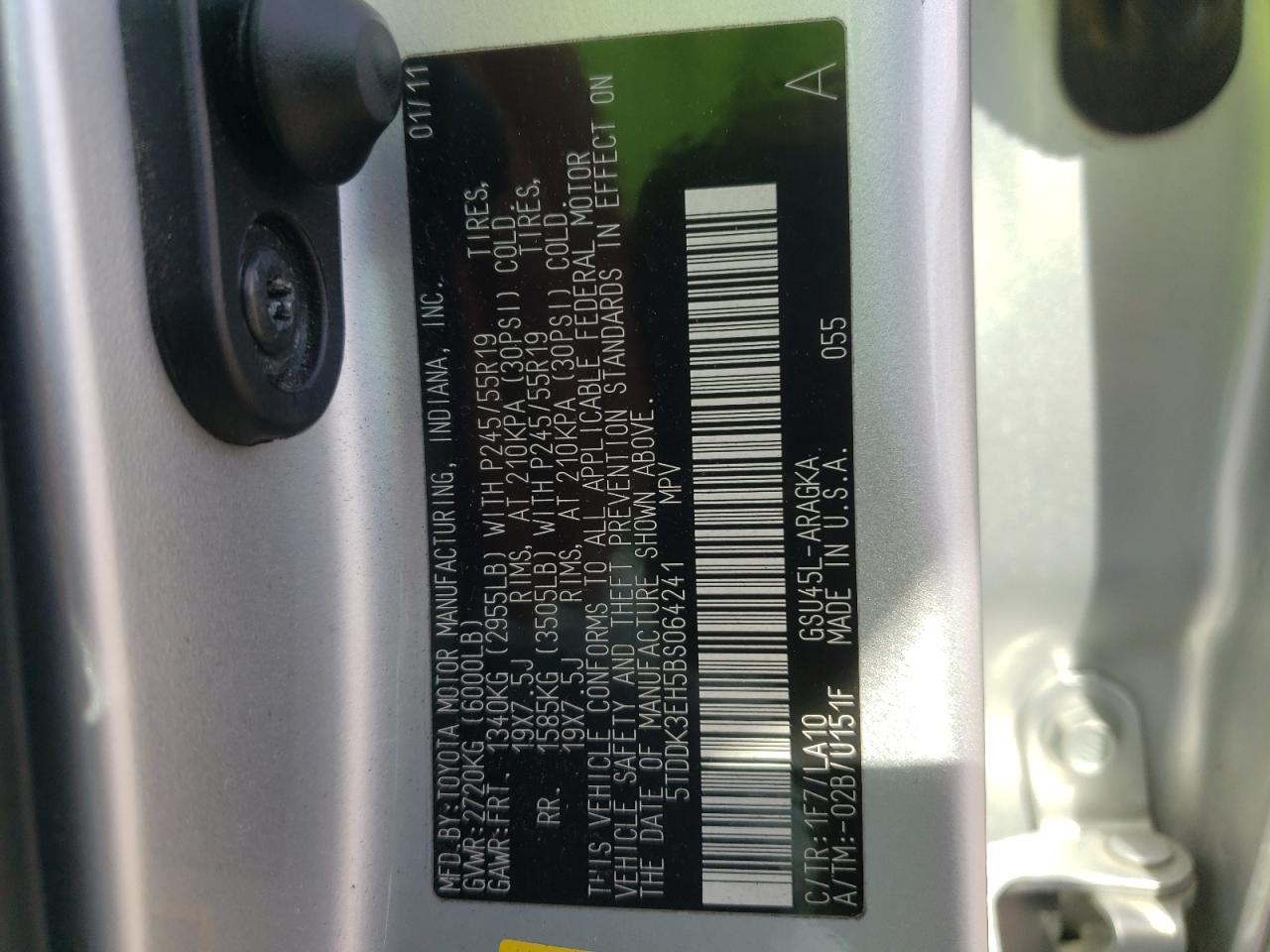 Photo 10 from auction – 2011 TOYOTA HIGHLANDER with VIN 5TDDK3EH5BS064241