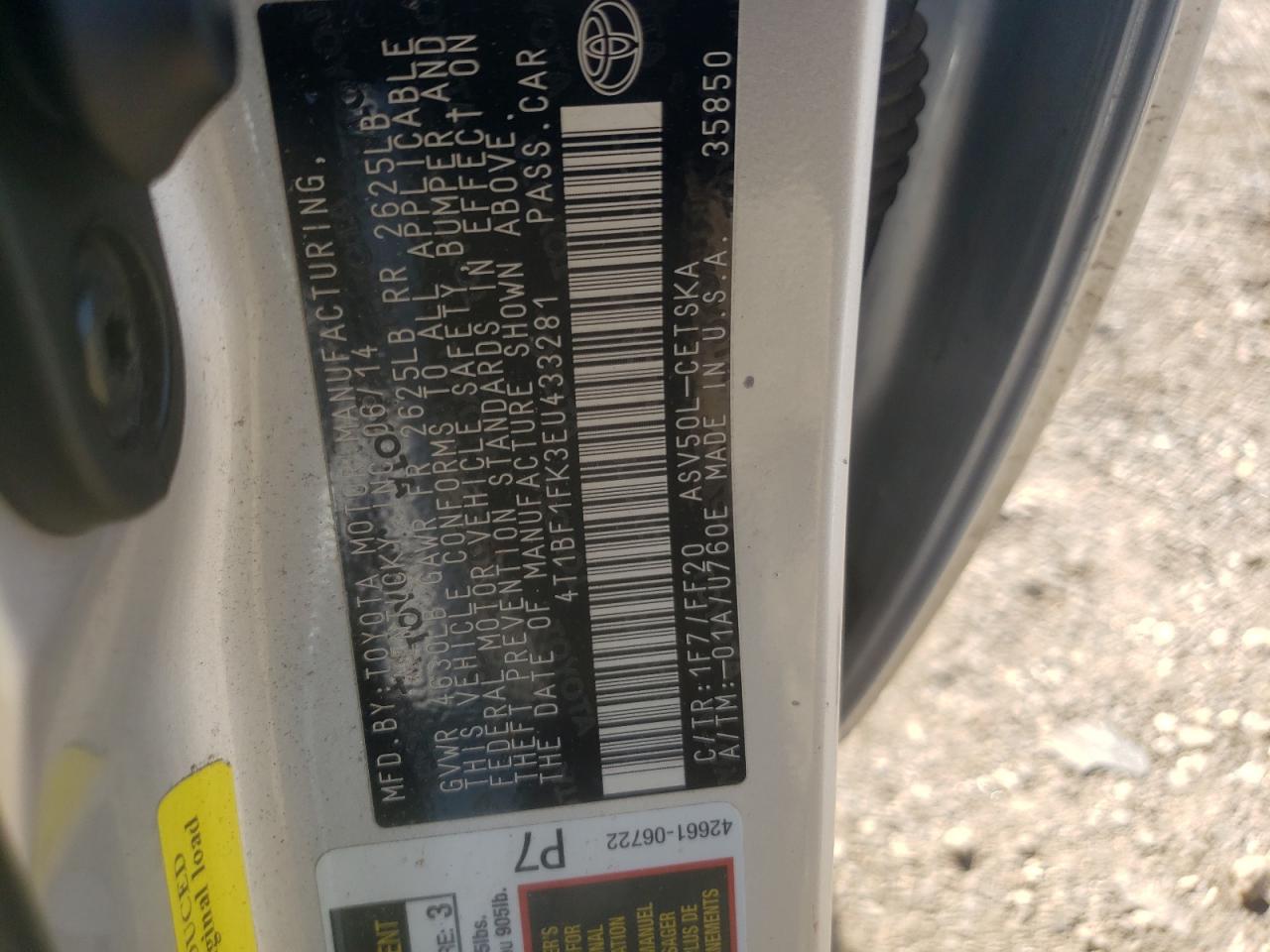 Photo 10 from auction – 2014 TOYOTA CAMRY L with VIN 4T1BF1FK3EU433281