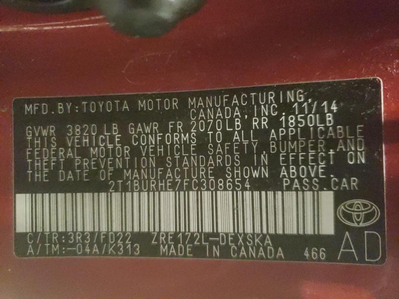 Photo 10 from auction – 2015 TOYOTA COROLLA L with VIN 2T1BURHE7FC308654